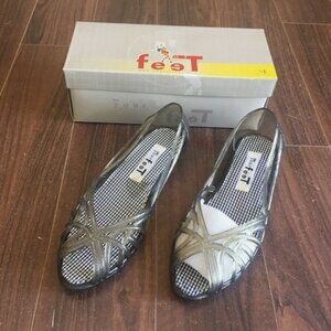 On Your Feet 7.5M Women's Open Toe Low Wedge Heel Glitter Jelly Casual Summer